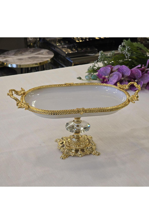 Metal Çerçeveli Döküm Ayaklı Oval Porselen Servis Tabağı 30x16 cm