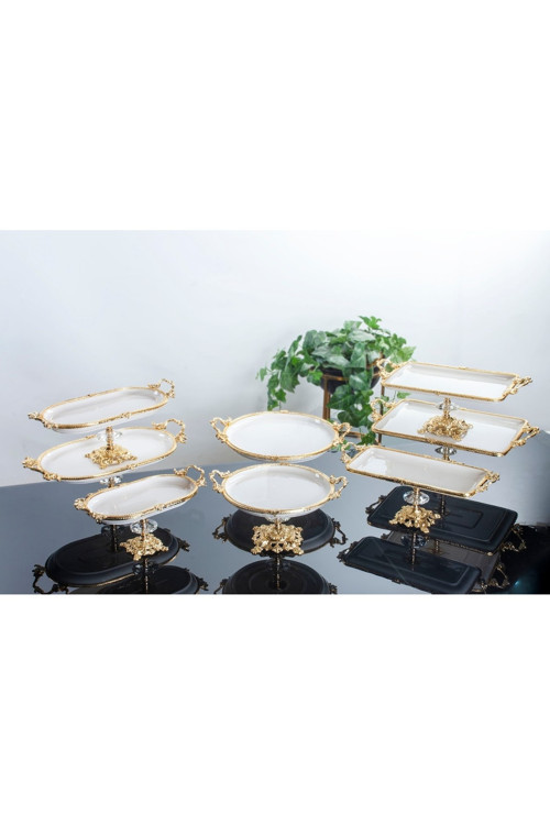 8 Parça Döküm Ayaklı Gold Detaylı Porselen Seti