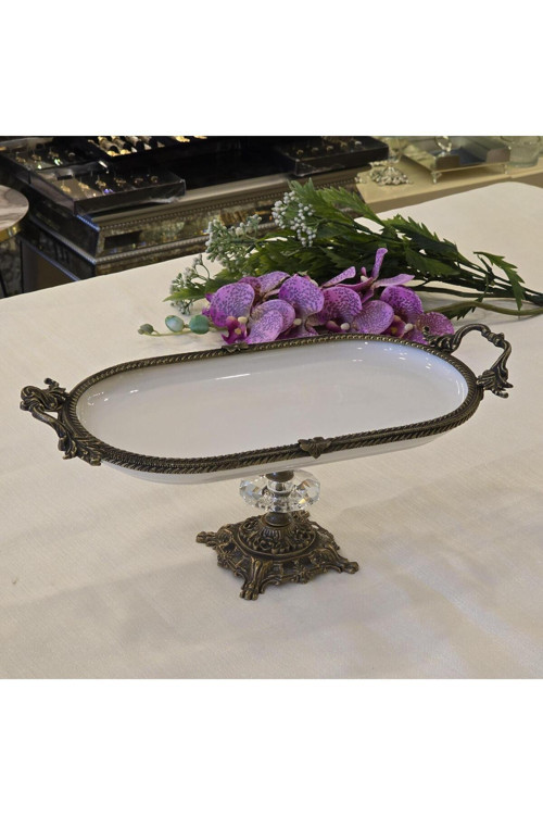 Metal Çerçeveli Döküm Ayaklı Oval Porselen Servis Tabağı 30x16 cm Antik