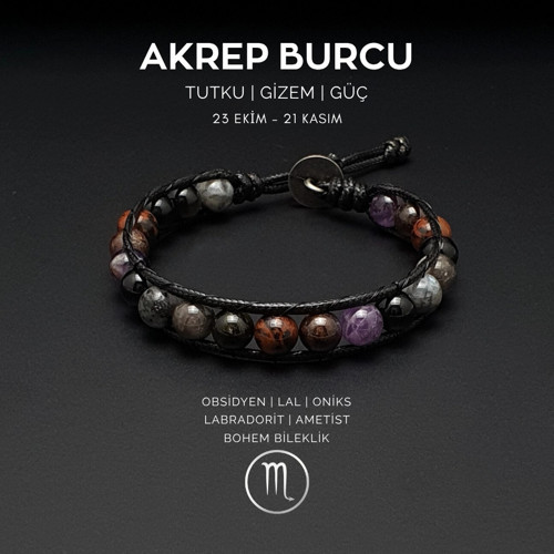 Doğal Taş Bileklik, El Yapımı Akrep Burcu Bohem Bileklik – Obsidyen, Lal, Oniks, Labradorit, Ametist