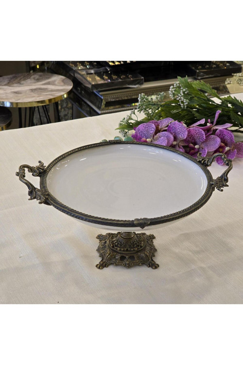 Metal Çerçeveli Döküm Ayaklı Yuvarlak Porselen Servis Tabağı 30 cm Antik