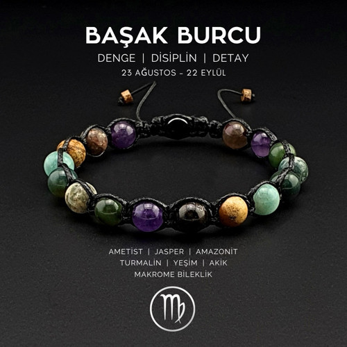 El Yapımı Başak Burcu Makrome Bileklik – Yeşim, Amazonit, Jasper, Ametist, Akik ve Turmalin Taşı