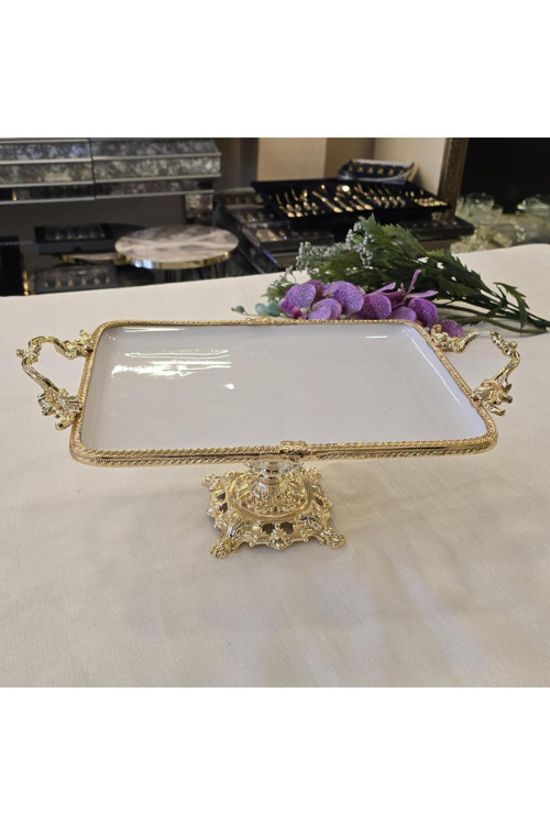 Metal Çerçeveli Döküm Ayaklı Dikdörtgen Porselen Servis Tabağı 30X22 cm