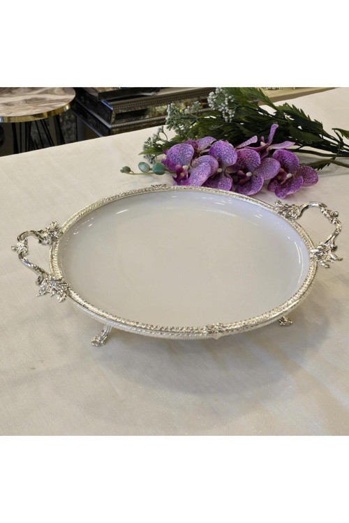 Metal Çerçeveli Yuvarlak Porselen Servis Tabağı 30 cm Gümüş