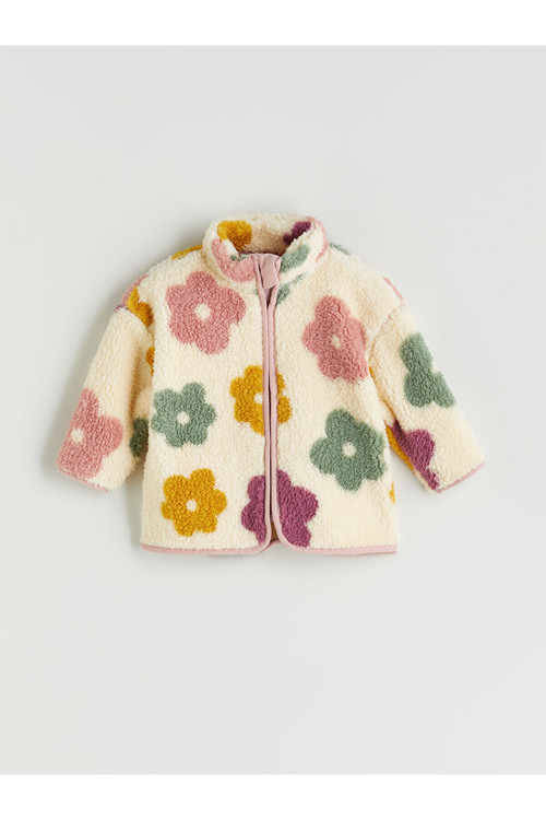 Dik Yaka Çiçekli Kız Bebek Pelüş Hırka (W5)