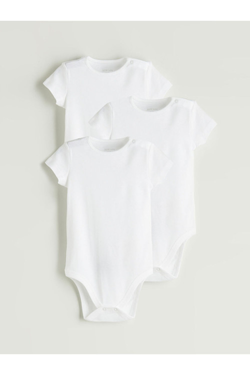 Ekru Bisiklet Yaka Kız Bebek Çıtçıtlı Body 3'Lü