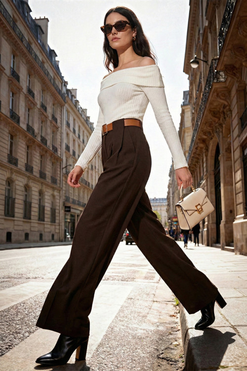 Wide Leg Yüksek Bel Bol Paça Kemer Detaylı Bayan Pantolon 6923855 KAHVE