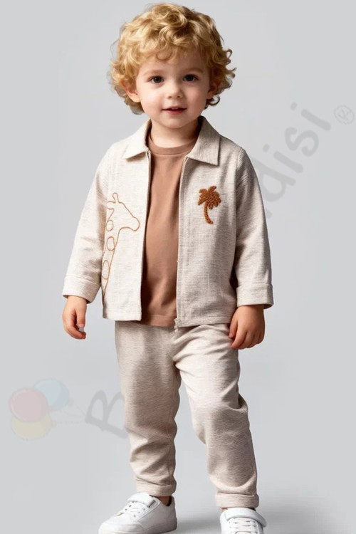 Zürafalı Ceketli Tişörtlü Pantolonlu Erkek Bebek Çocuk alt ust 3 lü Takım Kıyafetleri Bayramlık