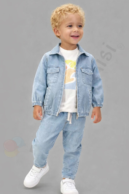 Şık Tişörtlü Kot Ceketli Pantolonlu Cepli Erkek Bebek Çocuk alt ust 3 lü Takım Kıyafetleri Bayramlık