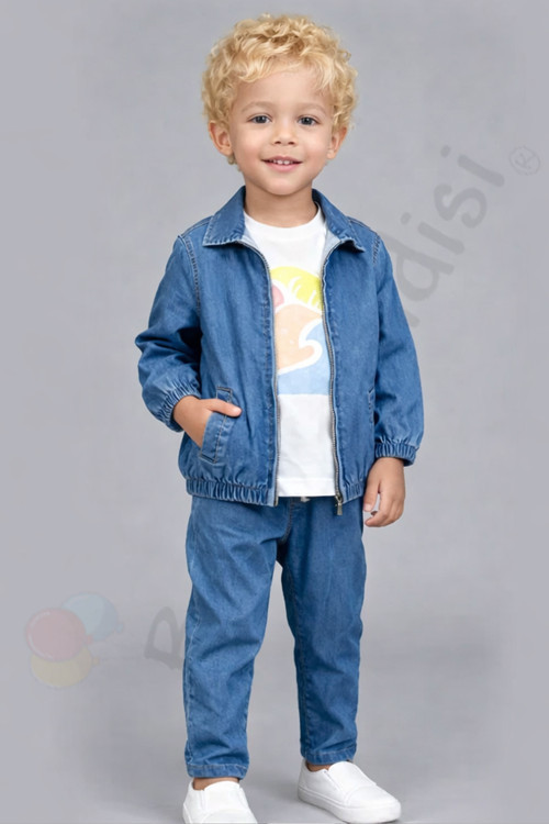 Şık Tişörtlü Kot Ceketli Pantolonlu Cepli Erkek Bebek Çocuk alt ust 3 lü Takım Kıyafetleri Bayramlık