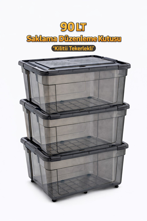 90 LT Tekerlekli Antrasit Kilitli Saklama Kutusu 3 Adet Depolama