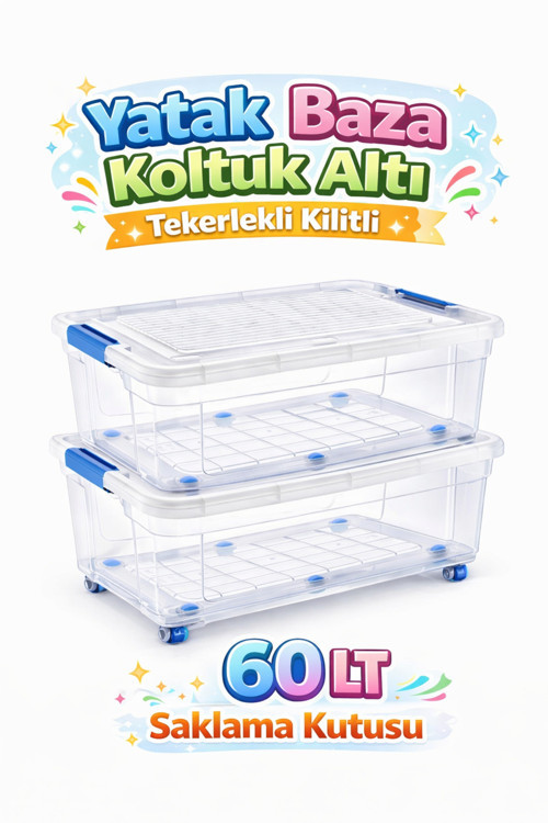 Yatak Koltuk Baza Altı 60 LT Kilitli Tekerlekli Şeffaf Saklama Kutusu Depolama Düzenleyici
