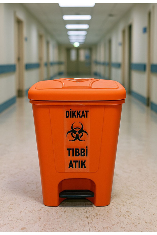 Tıbbi Atık Kutusu 25 Lt Pedallı Çöp Kutusu Turuncu Renk
