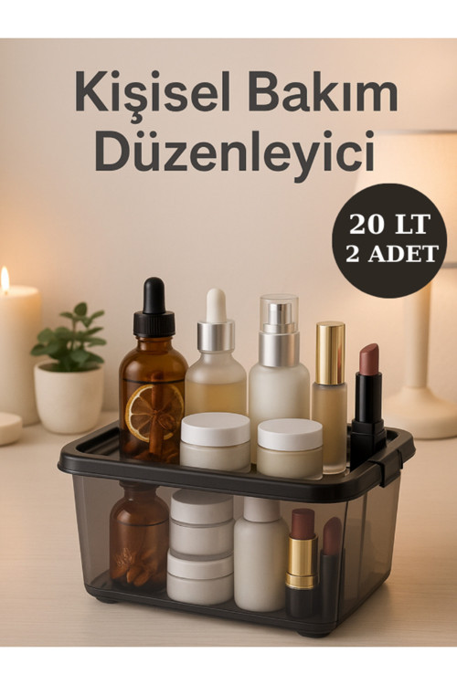 Makyaj Organizeri 20 LT Saklama Düzenleme Kutusu 2 Adet Antrasit Takı Organizeri