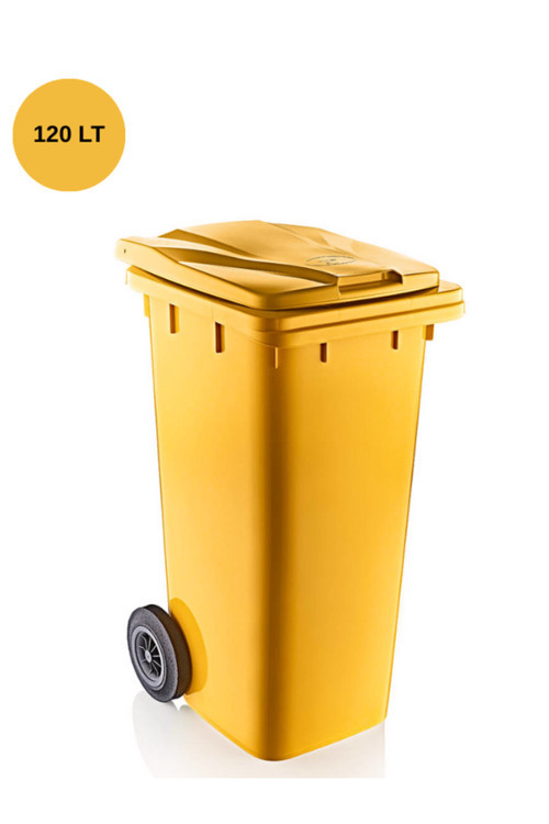 Çöp Konteynırı Kapaklı ve Tekerlekli Dayanıklı Plastik 120 lt Sarı Renk