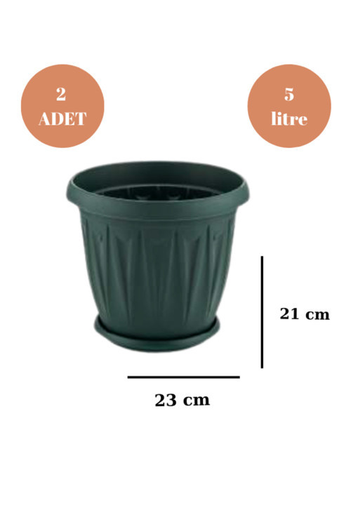 Balkon Saksı Bahçe Saksısı Orta Boy Yuvarlak Saksı ve Altlığı 5 Litre 2 Adet 23x21 Yeşil