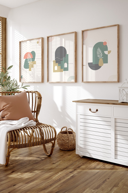 Minimalist Dekoratif Tasarımlı 3'Lü Doğal Ahşap Çerçeveli Tablo