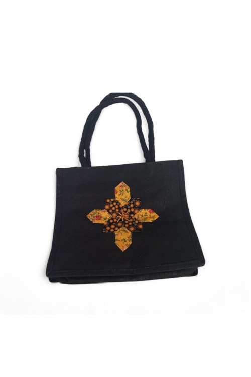 Pachwork İşlemeli Premium Jüt Çanta No 4 Siyah