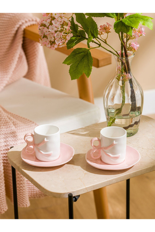 PEMBE KULPU FİYONKLU ÖZEL TASARIM Kahve Fincan Takımı