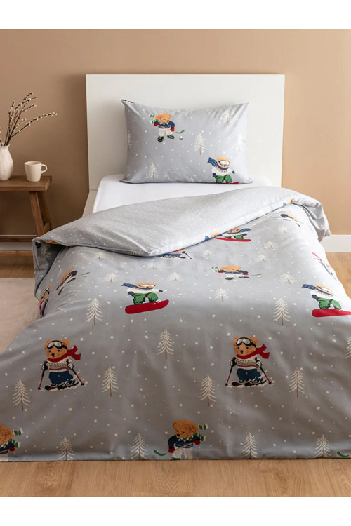 HOME Gri Ayı Teddy Baskılı Tek Kişilik Nevresim Seti