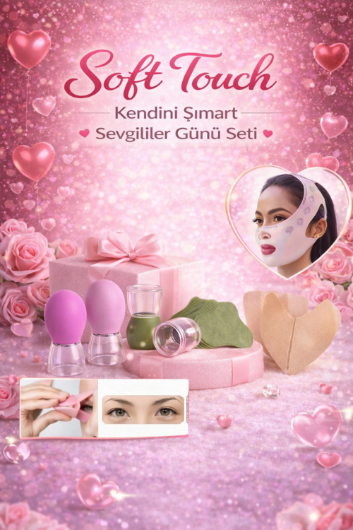 Sevgililer Günü Özel Kadın Bakım & Rahatlama Seti – Yüz Egzersiz Aleti, Isıtıcı Yama, Uyluk Koruyucu Bant & Vakumlu Yüz Kupası (5 Parça)