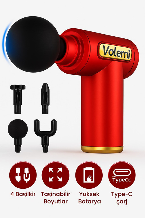 Kırmızı 6 Hız Kademeli 4 Başlıklı Masaj Tabancası Masaj Aleti Şarjlı Titreşimli Sporcu Masaj