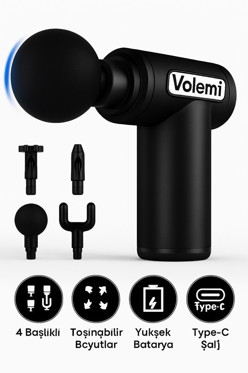 Siyah 6 Hız Kademeli 4 Başlıklı Masaj Tabancası Masaj Aleti Şarjlı Titreşimli Sporcu Masaj Ta