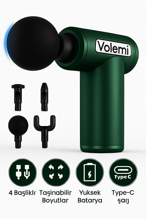 Yeşil 6 Hız Kademeli 4 Başlıklı Masaj Tabancası Masaj Aleti Şarjlı Titreşimli Sporcu Masaj Ta