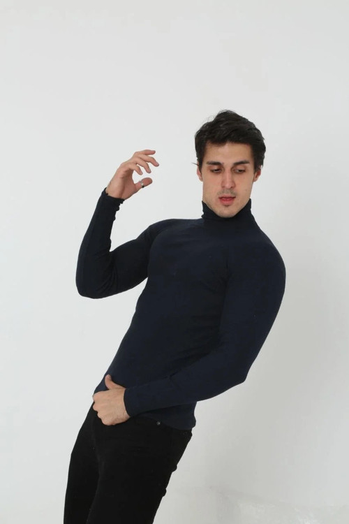 Erkek Kaşkorse Boğazlı Full Likralı Fitilli Body Kazak - Siyah