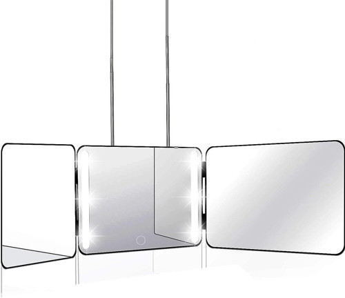 LED Işıklı Şarjlı 360° 3 Yön Kişisel Saç Sakal Kesimi Berber Aynası - Teleskopik Duvar Askısı - Katlanabilir T