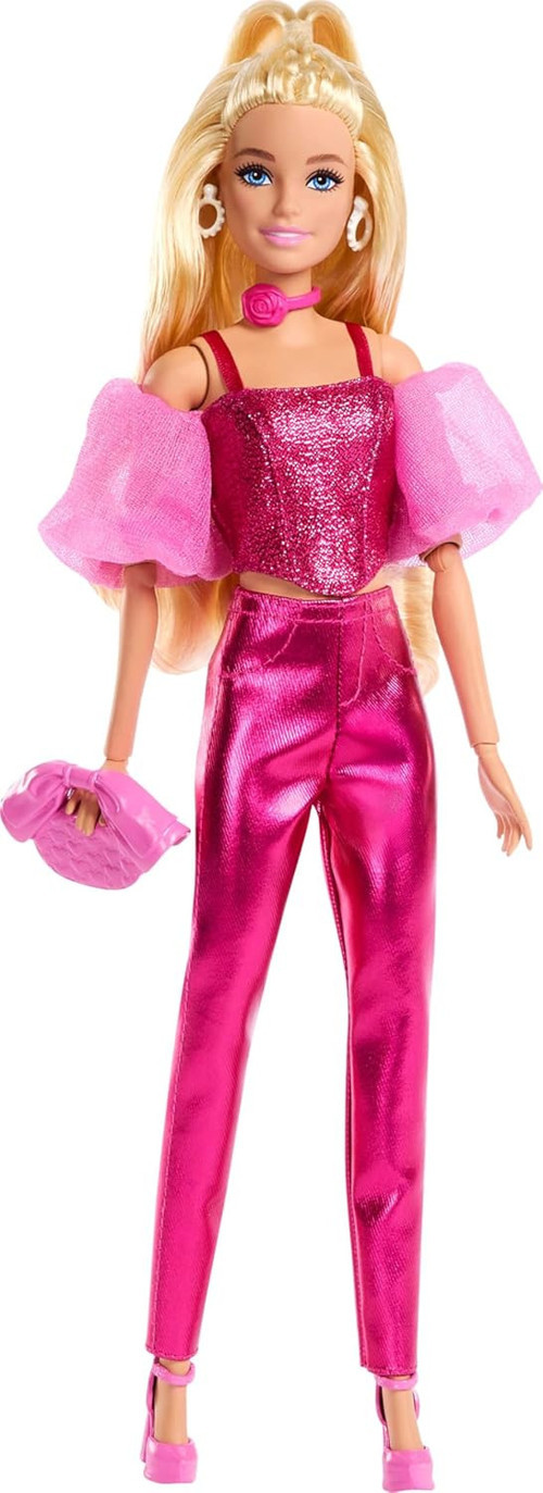 Deluxe Style Stil İkonu Metalik Pembe Korse-Pantolon Kombini Ve Aksesuarlarıyla Sarı Saçlı Be