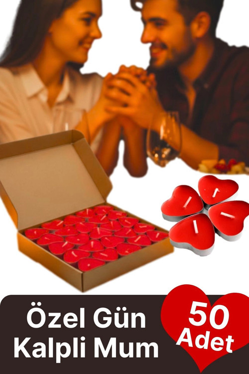 Özel Gün Sevgili Romantik 14 Şubat Dekoratif Süsleme Organizasyon Kırmızı Kalpli Tealight Mum 50Adet