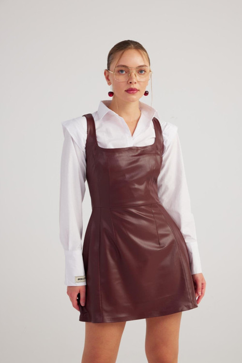 YAKE STORE Kare Yaka Vegan Deri Larissa Elbise Bordo