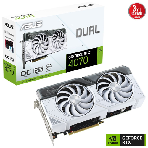 DUAL-RTX4070-O12G-WHITE, 12Gb, 192Bit, GDDR6X, 1xHDMI, 3xDP GAMING Ekran Kartı