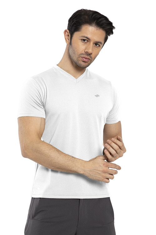 Waffle - Erkek Beyaz V Yaka Spor T-Shirt - 7130-08