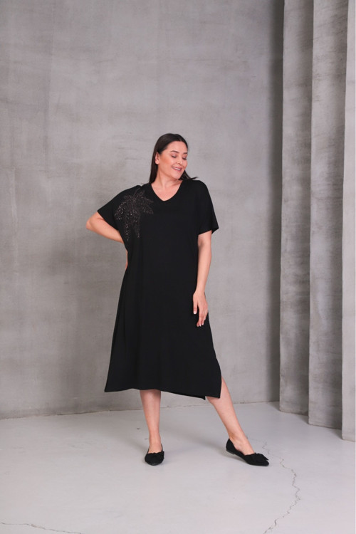 Viskon Oversize Elbise Taş Detaylı