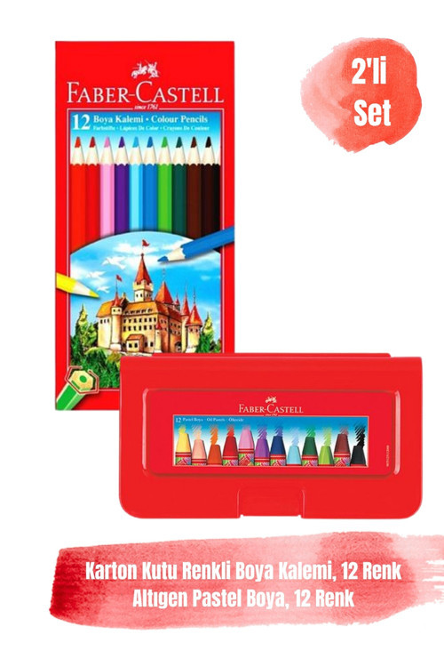 12 Renk Karton Kutu Kuru Boya Kalemi ve 12 Renk Altıgen Pastel Boya 2'li Set