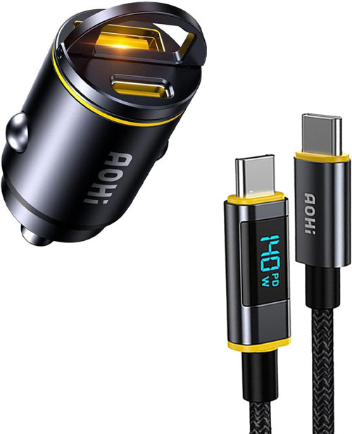 Superauto 2 Portlu Pd 45W Araç İçi Şarjı, 140W Led Ekranlı Naylon Örgülü Süper Hızlı Şarj Kablo