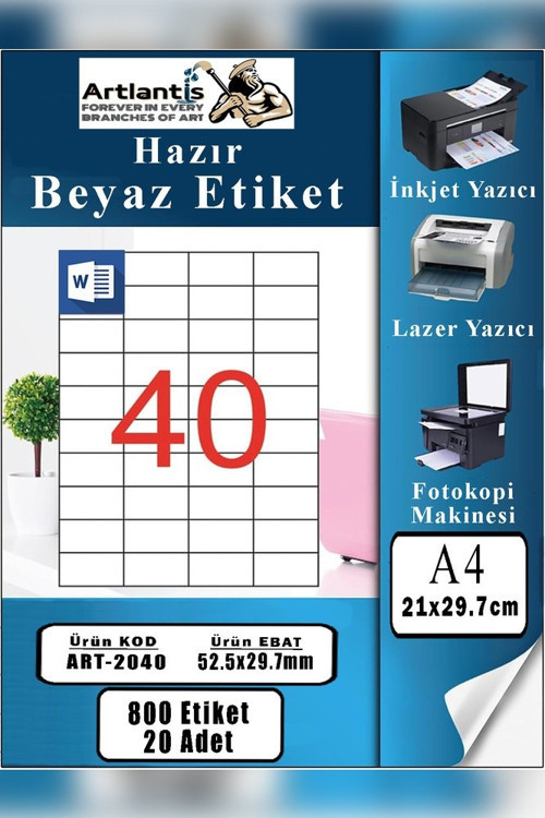 A4 Hazır Etiket 52.5x29.7 mm 20 Sayfa 1 Paket 40 lı Kendinden Yapışkanlı Fotokopi Lazer İnkjet Kağıdı Yazıcılar İçin Uyu