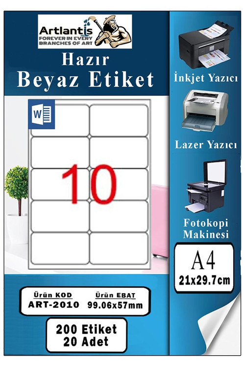 A4 10 lu Hazır Etiket 99.1x57 mm 20 Sayfa 1 Paket Kendinden Yapışkanlı Fotokopi Lazer İnkjet Kağıdı Yazıcılar İçin Uyum