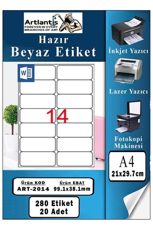 A4 14 lü Hazır Etiket 99.1x38.1 mm 20 Sayfa 1 Paket Kendinden Yapışkanlı Fotokopi Lazer İnkjet Kağıdı Yazıcılar İçin