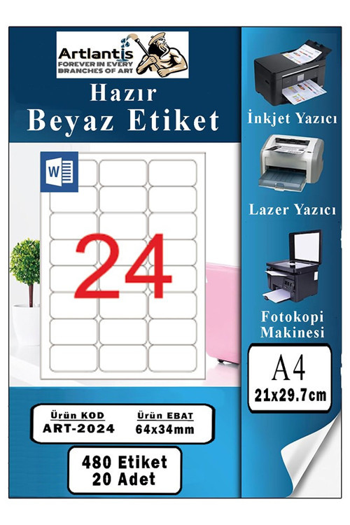 A4 24 lü Hazır Etiket 64x34 mm 20 Sayfa 1 Paket Kendinden Yapışkanlı Fotokopi Lazer İnkjet Kağıdı Yazıcılar İçin Uyumlu