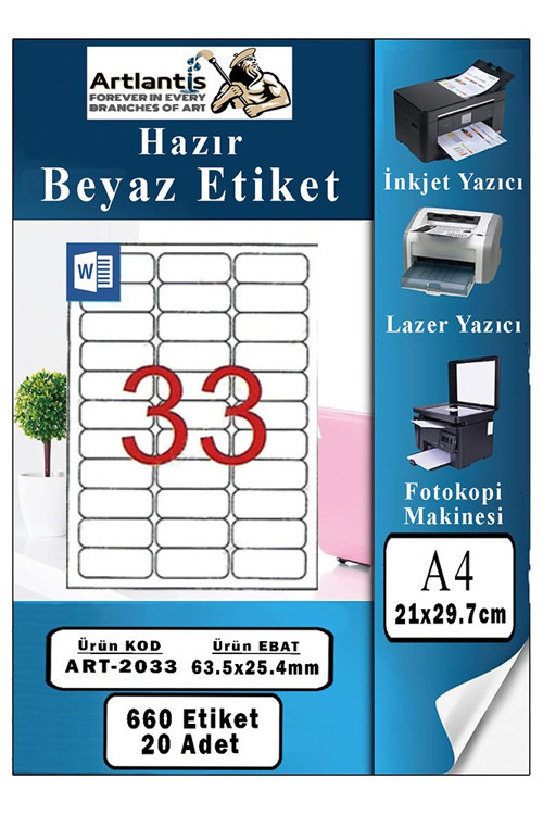 A4 33 lü Hazır Etiket 63.5x25.4 mm 20 Sayfa 1 Paket Kendinden Yapışkanlı Fotokopi Lazer İnkjet Kağıdı Yazıcılar İçin