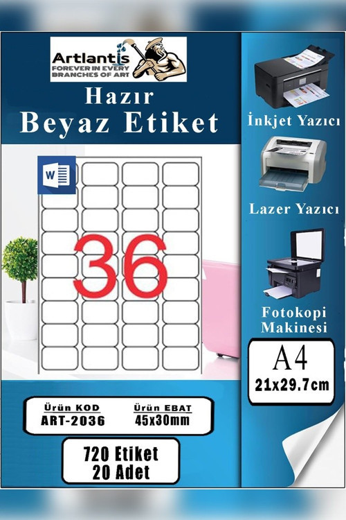 A4 36 lı Hazır Etiket 45x30 mm 20 Sayfa 1 Paket 36 lı Kendinden Yapışkanlı Fotokopi Lazer İnkjet Kağıdı Yazıcılar İçin