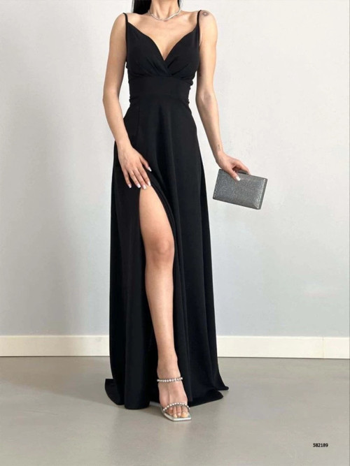 Kadın Ip Askılı Kruvaze Yaka Maxi Boy Abiye Elbise