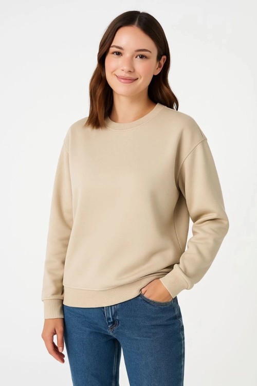 Üç İplik Düz Bisiklet Yaka SweatShirt - Bej