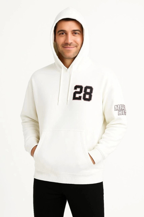 Üç İplik Kapüşonlu Ön Ve Arka Baskılı SweatShirt Hoodie - Beyaz