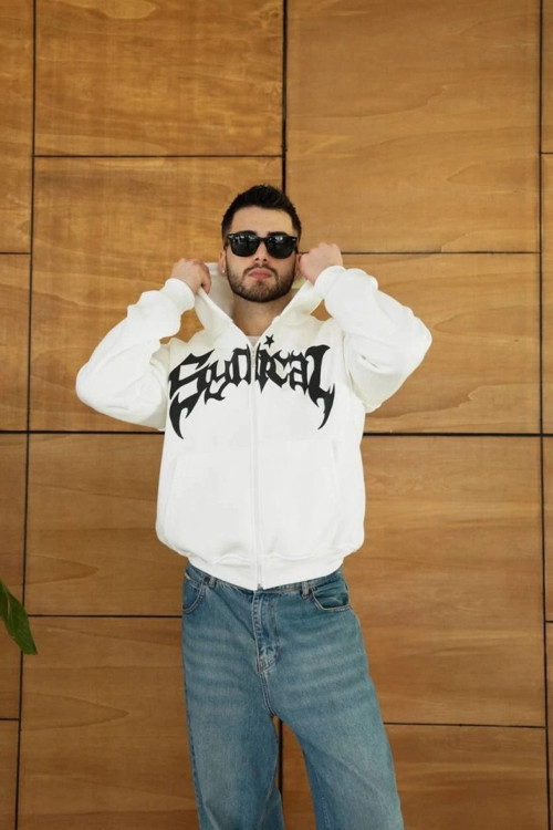Erkek Kapüşonlu Sweatshirt Hoodie 3 İplik Şardonlu Pamuklu Kumaş, Önü Baskılı, Fermuarlı Rahat Kalıp