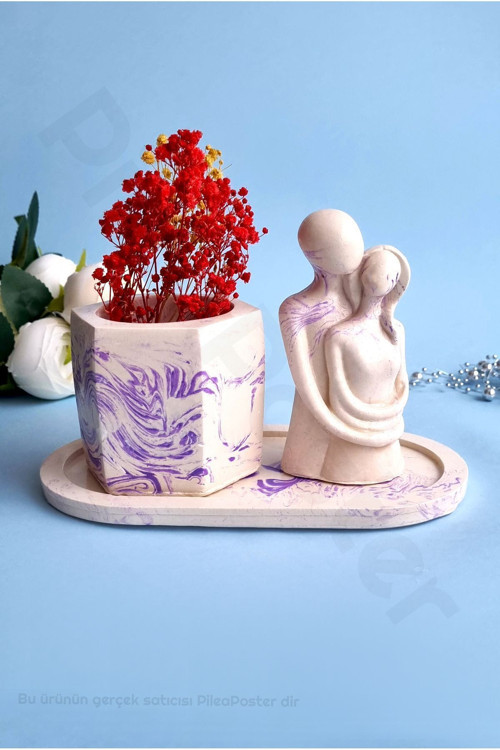 Dekoratif Set|Vernikli Mor Ve Beyaz|Sevgili Biblo|Saksı|3lü Dekor|Dekoratif Biblo|Dekoratif Saksı|