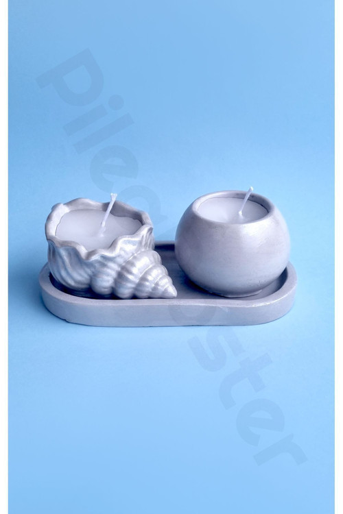 Dekoratif Mumluk Set|Gri|Vernikli|Dekoratif Mumluk|İstiridye Mum|Dekoratif Biblo|Dekoratif|